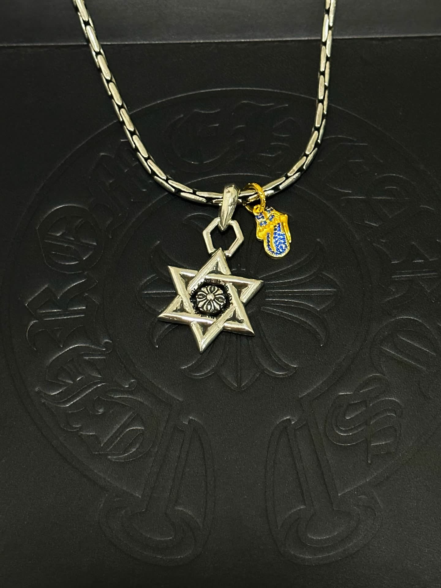 Chrome Hearts Silver Star of David Necklace with Blue Enamel Charm